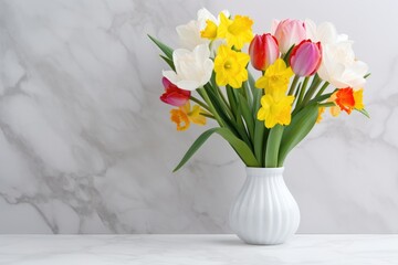 A fresh bouquet of mixed tulips and daffodils elegantly displayed in a white vase against a marble background.
