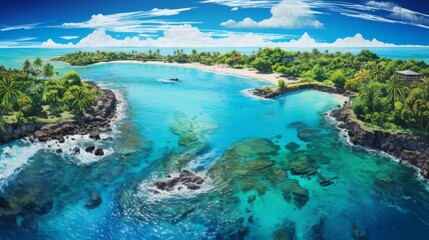Generative AI A panoramic drone view capturing a picturesque island landscape with palm-lined shores, tranquil bays, and a kaleidoscope of vibrant marine life in the surrounding waters. - obrazy, fototapety, plakaty
