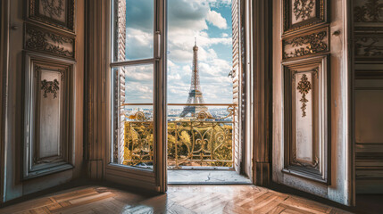 View of the Eiffel Tower and the Seine River through the open balcony window of a vacation rental apartment on the Right Bank in Paris. Travel, real estate in Paris for sale, booking, rent.