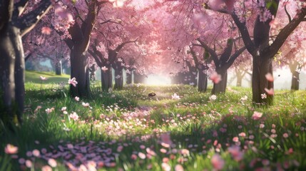 A field filled with vibrant pink flowers and tall trees in bloom, creating a colorful and lively scene. The flowers sway gently in the breeze, adding movement to the tranquil landscape.