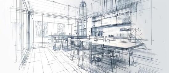 An architectural drawing of a city building interior with tables and chairs, showcasing urban design and engineering elements in black and white art