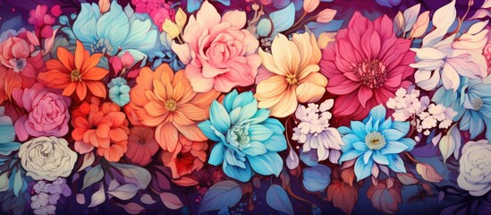 An artistic representation of a cluster of vibrant flowers on a backdrop of purple. The creative...