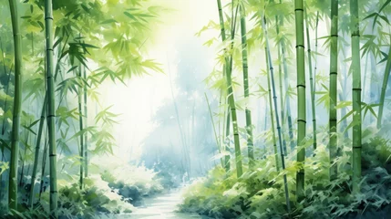 Gordijnen Generative AI A serene bamboo forest with tall stalks and filtered sunlight. landscape watercolor © vadosloginov