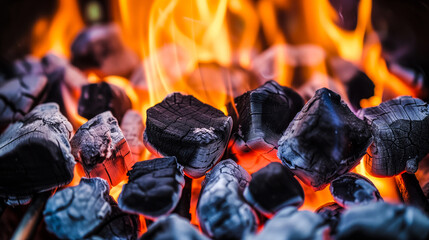 Glowing charcoal and flames close-up - 762396569