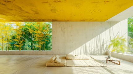 A minimalist room with a yellow ceiling and a large window, creating a simple and bright space