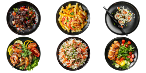 Set of various delicious food in black dishes isolated on transparent background, Top view of various menu served on plates.