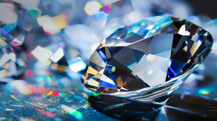 Shimmering faceted diamond on a reflective surface - obrazy, fototapety, plakaty
