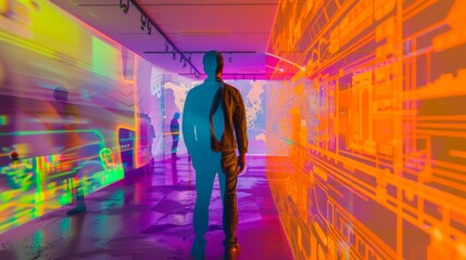 A man stands confidently in front of a vibrant, multicolored wall, showcasing a unique blend of...