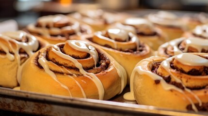 Generative AI Cinnamon rolls with swirls of aromatic spices, topped with a cream cheese glaze, cooling on parchment paper