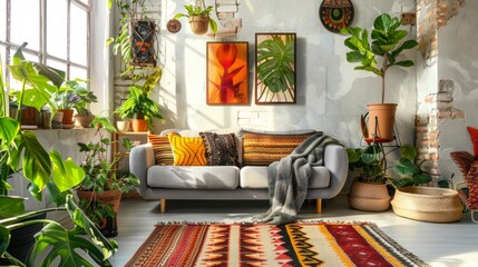 A living room adorned with abundant green plants, creating a vibrant and refreshing atmosphere