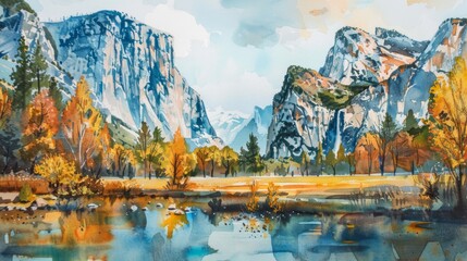 A watercolor painting depicting a mountain lake nestled among a dense forest of trees in Yosemite National Park. The serene lake reflects the towering mountains and lush greenery surrounding it.