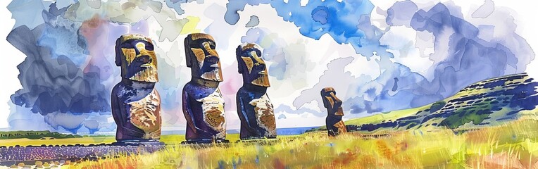 A painting depicting a group of statues standing in a vast field. The statues, resembling Moai figures, are intricately detailed and set against a clear sky. - obrazy, fototapety, plakaty
