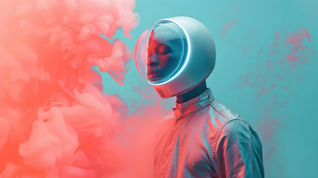 A striking image featuring the silhouette of an astronaut set against a backdrop of vivid red smoke