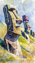 A watercolor painting depicting a totem pole standing tall in a grassy field. The totem pole is intricately designed and colorful, blending beautifully with the natural surroundings.