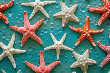 Vibrant Starfish Collection Resting on Bright Turquoise Surface, Top View with Copy Space, Nature Background Concept