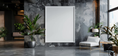 An elegant exhibition space with a white poster frame that serves as a blank canvas for creative expression