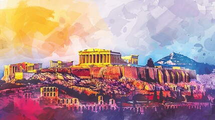 A watercolor painting capturing the dynamic and skillful acrobatic performance at the Acropolis in Athens. The image showcases performers executing daring stunts and balancing acts with precision and 