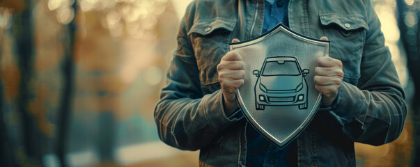 Man Holding a Car-Shaped Shield Symbolizing Automotive Protection