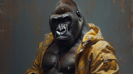 Gorilla Wearing Yellow Jacket in Front of Metal Wall