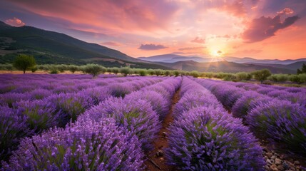 The sun is seen setting in the background of a vast field filled with blooming lavender flowers,...