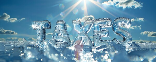Bright Sun Shines on Frozen TAXES Lettering Amidst Glistening Ice