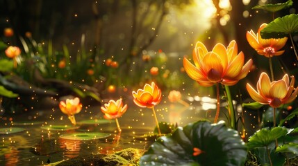 A group of yellow flowers floats gracefully on top of a serene pond - obrazy, fototapety, plakaty