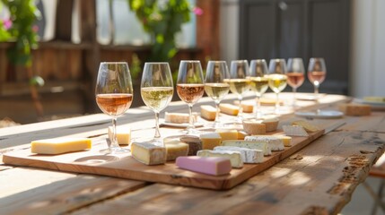 A wooden table is set with glasses of wine and various types of cheese, creating a perfect pairing for a cozy gathering or wine tasting event - Powered by Adobe
