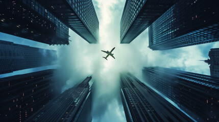 A cinematic image looking straight up at sky filled with tall black modern skyscraper buildings reaching to the clouds with a private jet flying directly overhead. - 762397773