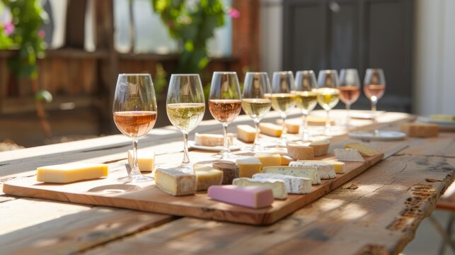 A wooden table is set with glasses of wine and various types of cheese, creating a perfect pairing for a cozy gathering or wine tasting event