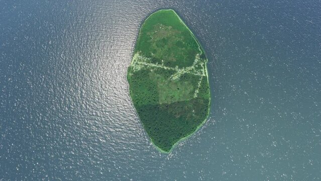 Top aerial drone shot of Vaadhoo North Beach island. Maldives