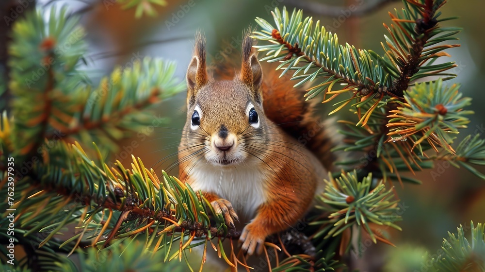 Poster A squirrel is sitting on a tree branch. The tree is full of green leaves and the squirrel is looking at the camera