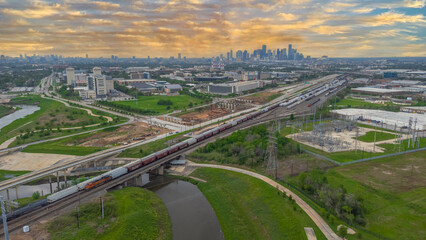 Aerial Drone view of Downtown Houston city, Texas, USA - Skyline Cityscape view 