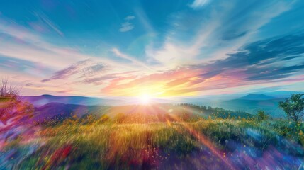 Obraz premium A painting showing the sun setting in the sky above a vast field, creating a warm glow over the landscape