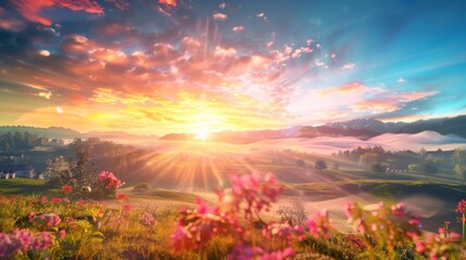 The sun is setting behind a field of colorful flowers, casting a warm golden glow over the landscape