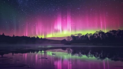 Aurora borealis lights up the night sky over a lake with trees in the background