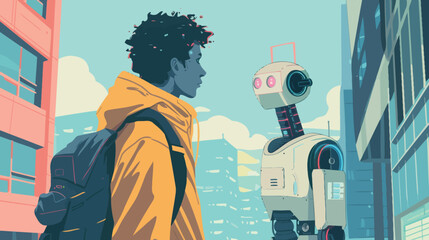 Young man with robot in a futuristic city scenario