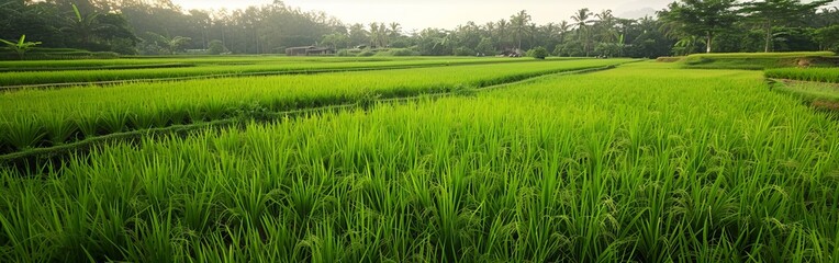 Fototapeta premium A vibrant green field stretches out with trees in the background under a clear sky. The landscape is rich with lush vegetation and natural beauty.