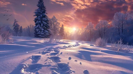 Tuinposter A snow-covered landscape showing footprints in the snow © Breezze