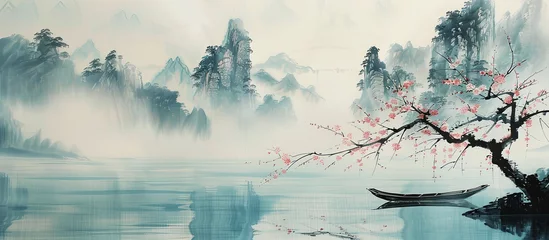 Poster Asian landscape with a tree, mountains and a boat on water. Oil paiting © bit24