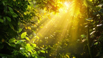 Fototapeta na wymiar Sunlight filters through dense jungle canopy, illuminating the foliage below