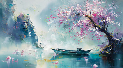 Asian landscape art with a pink tree and a boat on water. Oil paiting