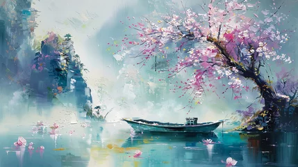 Ingelijste posters Asian landscape art with a pink tree and a boat on water. Oil paiting © bit24