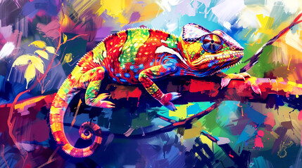 A chameleon sits on a branch. Oil painting illustration.