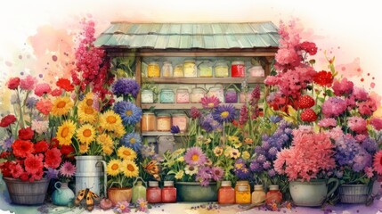 Fototapeta na wymiar Generative AI Digital miniatures of bee colonies and vibrant floral gardens, depicted in an atmospheric watercolor style with grocery art-inspired details.