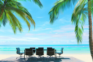 Conference table on beach. Business meeting in tropical resort
