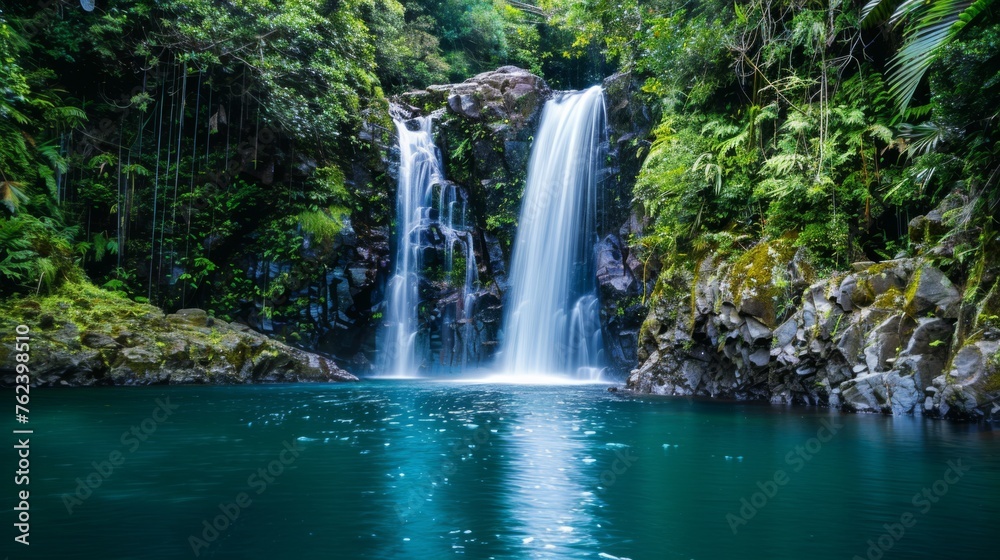 Poster a powerful waterfall cascading down into a vast body of water, creating a dramatic and dynamic scene