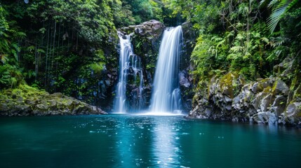 A powerful waterfall cascading down into a vast body of water, creating a dramatic and dynamic scene in the natural landscape. The water plunges from a height, sending sprays and mist around the surro