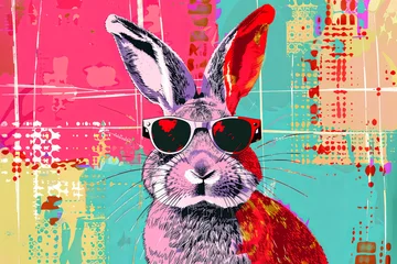 Foto op Canvas Pop art Easter collage. Easter bunny with sunglasses, hand drawn greeting cards © bit24