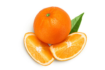 Orange fruit with slices isolated on white background. Top view. Flat lay.