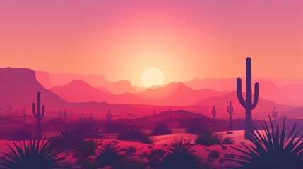 The sun is setting over a desert landscape, casting warm hues across the sandy terrain - obrazy, fototapety, plakaty